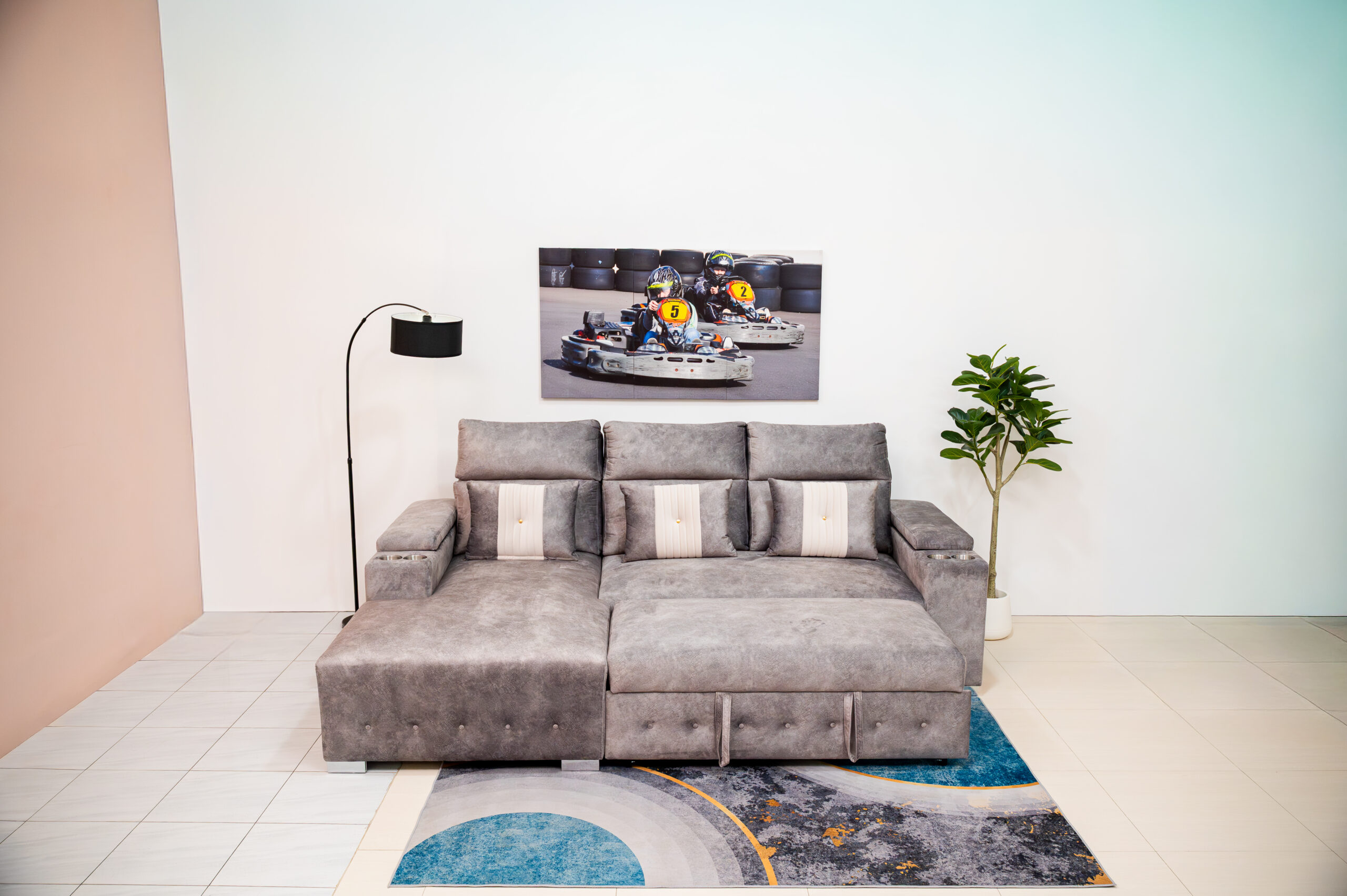 โซฟาเบด L-Shape สีเทาฟังก์ชันครบ พร้อมช่องวางแก้วและที่เก็บของ - Image 10