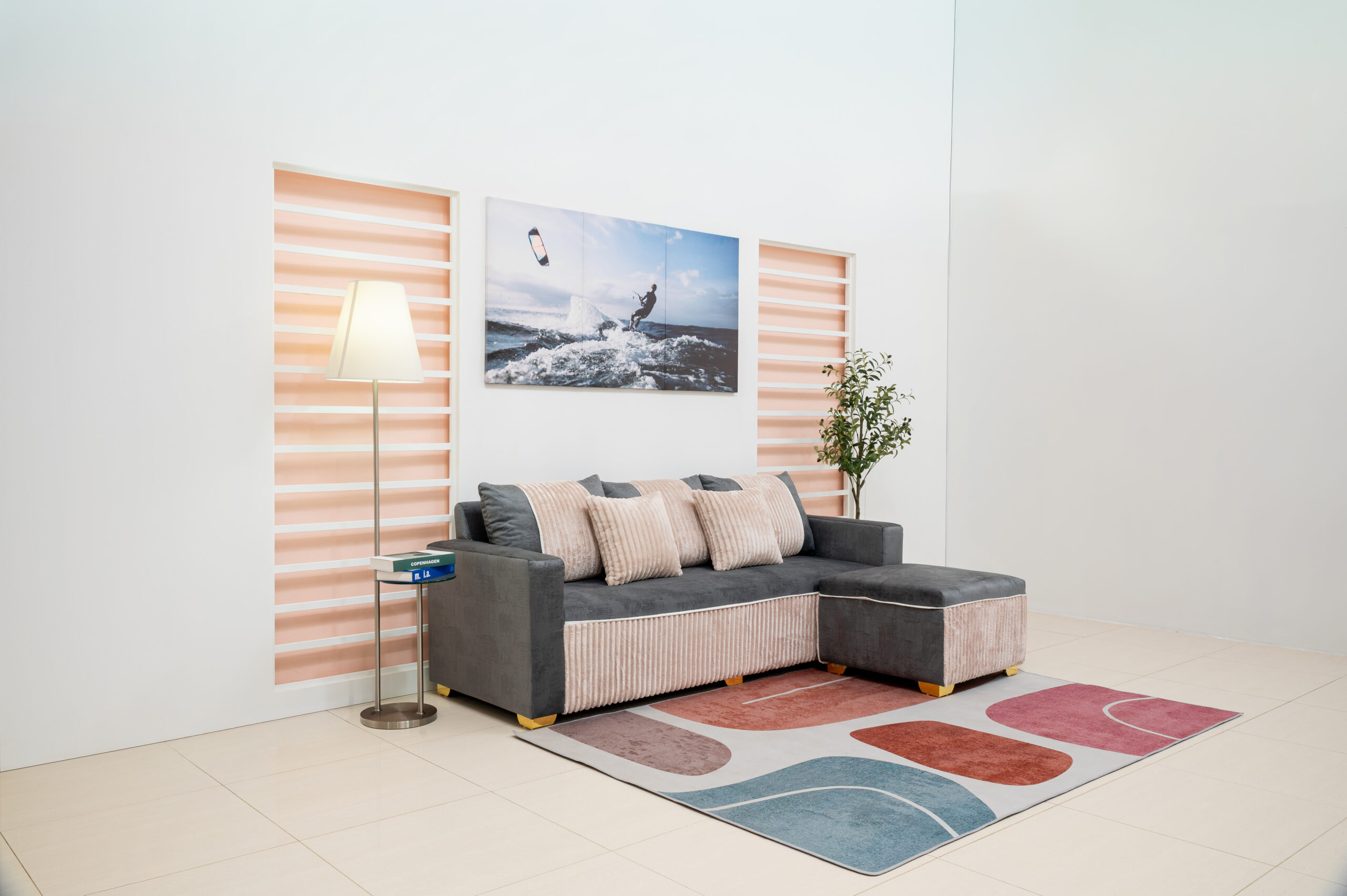 โซฟาเบด L-Shape สีเทาเข้ม ผสานเท็กซ์เจอร์ลูกฟูกสีครีม - Image 2