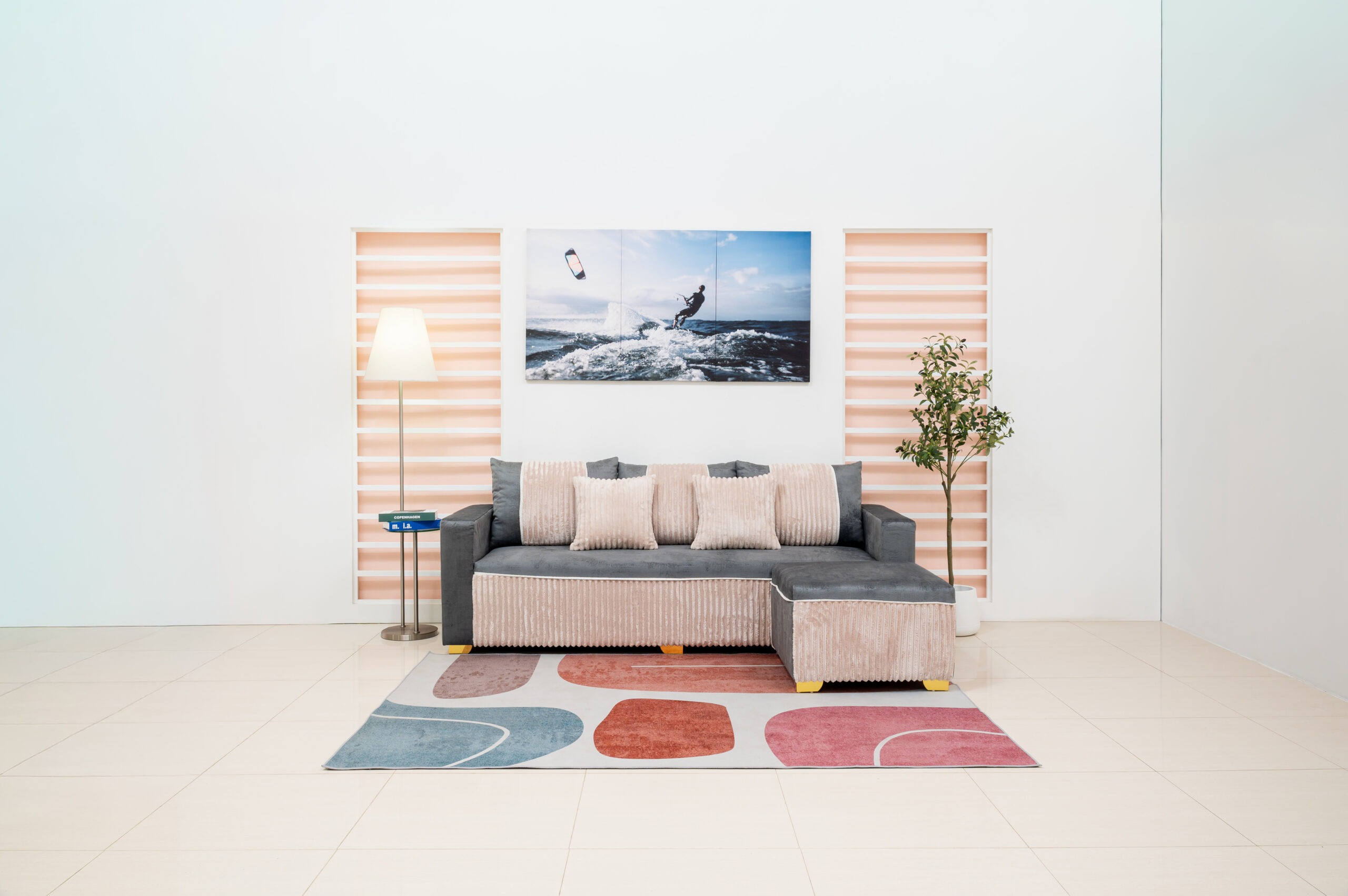 โซฟาเบด L-Shape สีเทาเข้ม ผสานเท็กซ์เจอร์ลูกฟูกสีครีม - Image 3