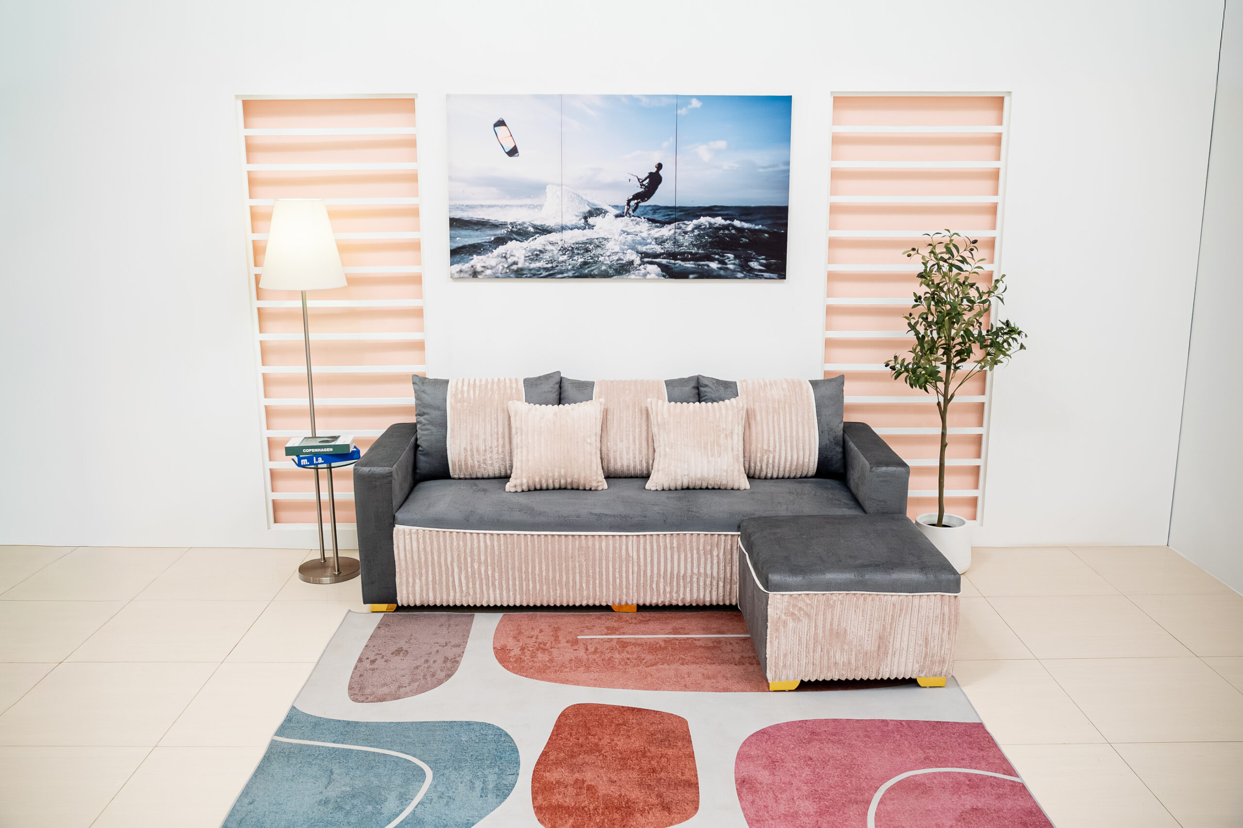 โซฟาเบด L-Shape สีเทาเข้ม ผสานเท็กซ์เจอร์ลูกฟูกสีครีม - Image 5