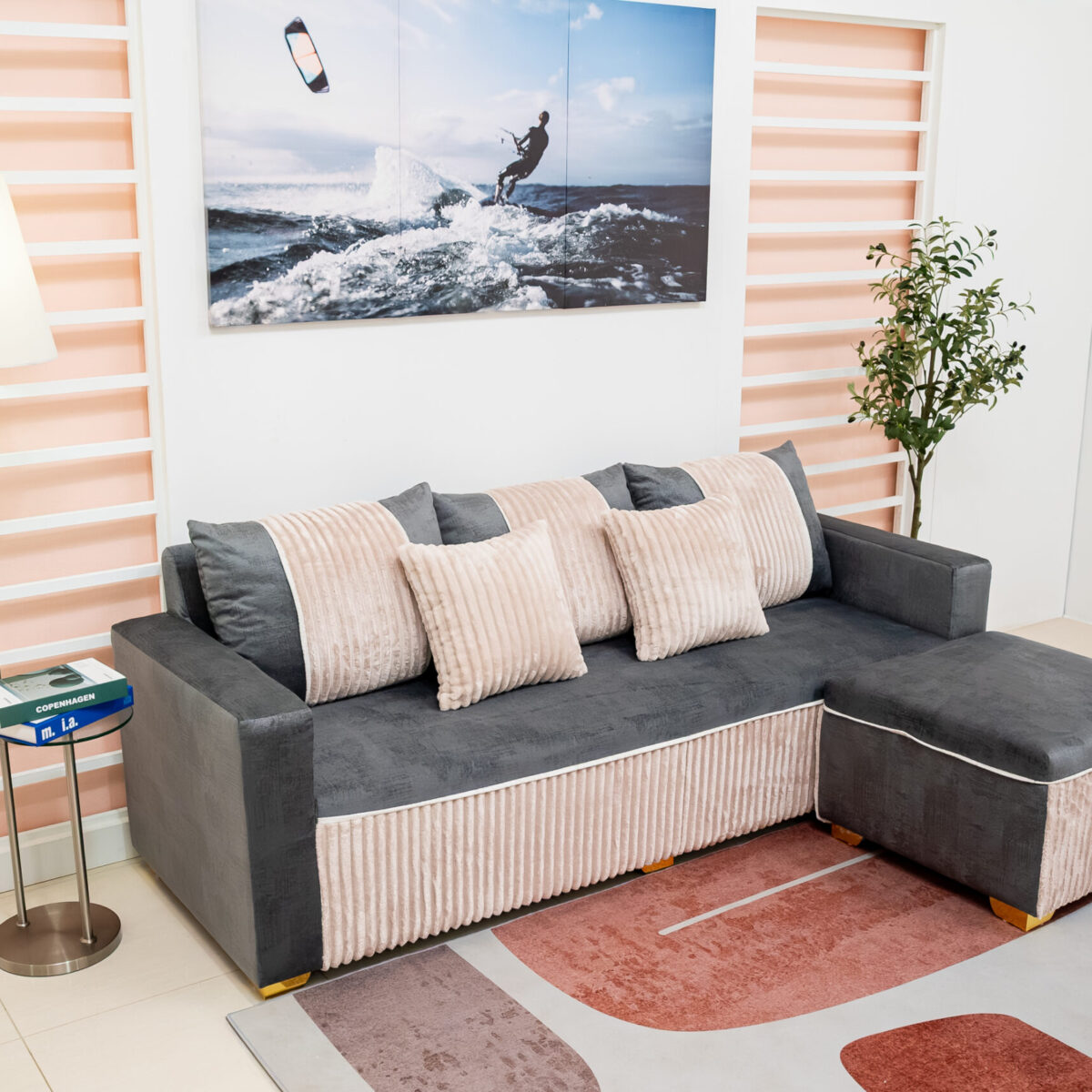 โซฟาเบด L-Shape สีเทาเข้ม ผสานเท็กซ์เจอร์ลูกฟูกสีครีม