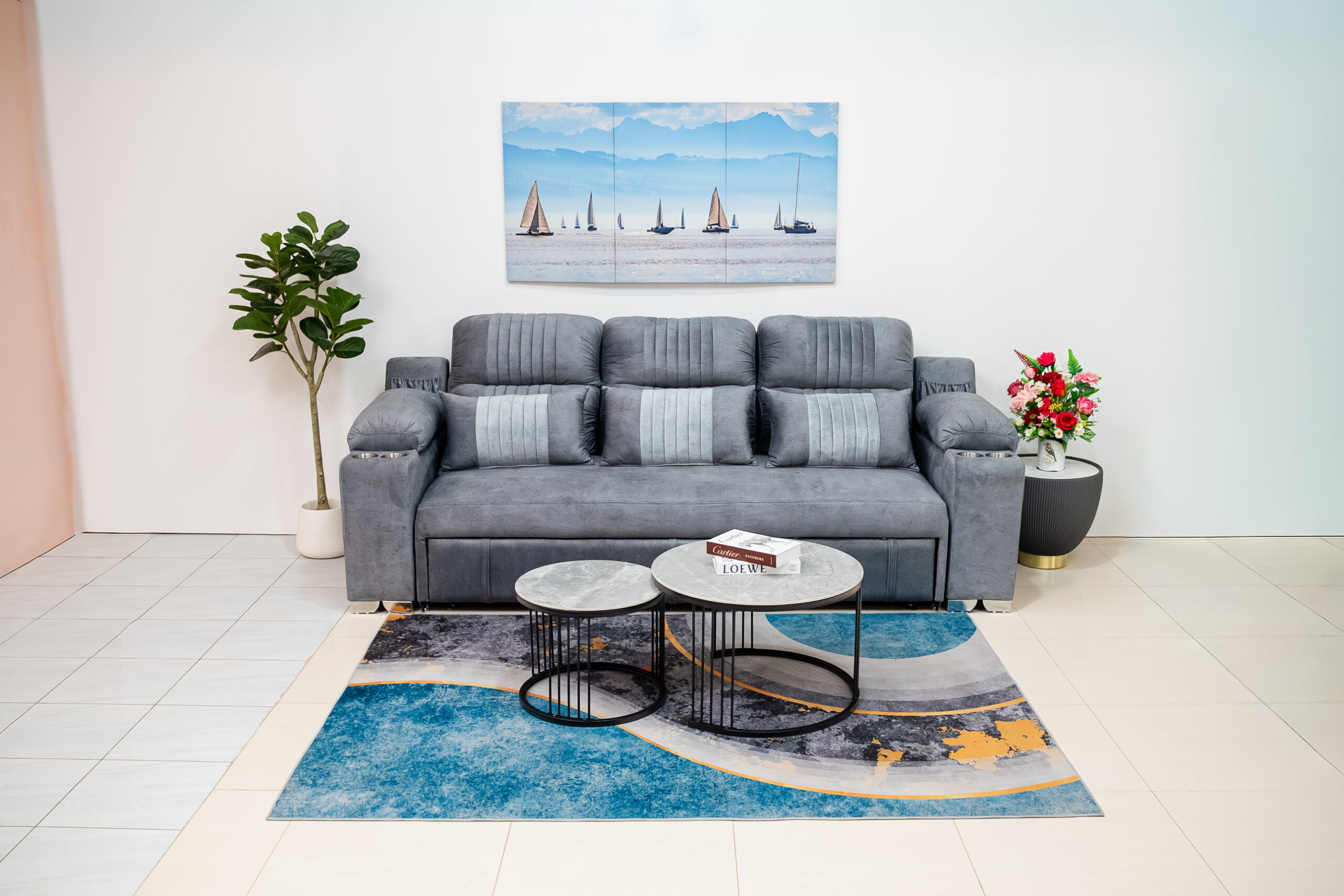 โซฟาเบดหนังกลับ L-Shape สีเทา ดีไซน์ Luxury Function ครบครัน - Image 4