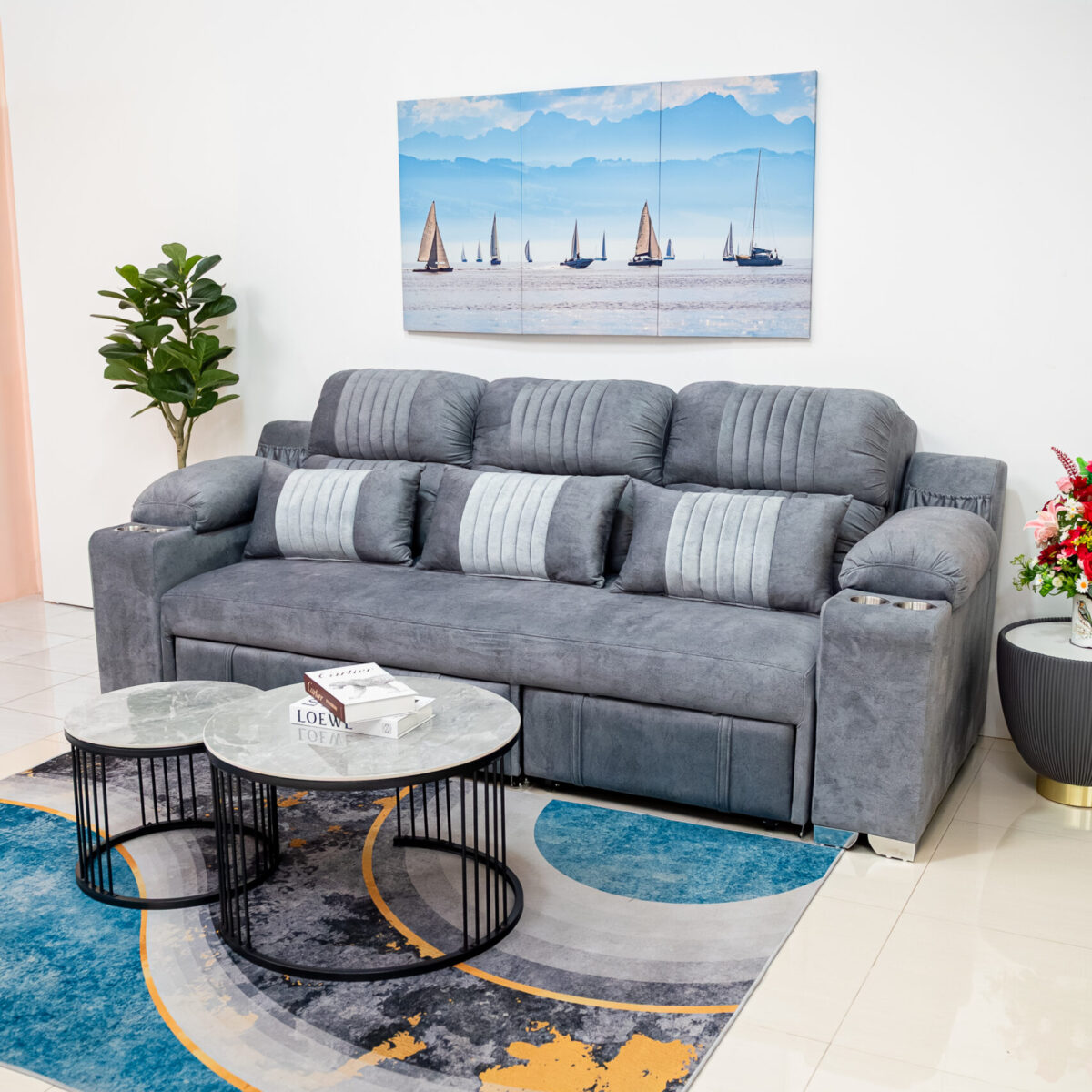 โซฟาเบดหนังกลับ L-Shape สีเทา ดีไซน์ Luxury Function ครบครัน