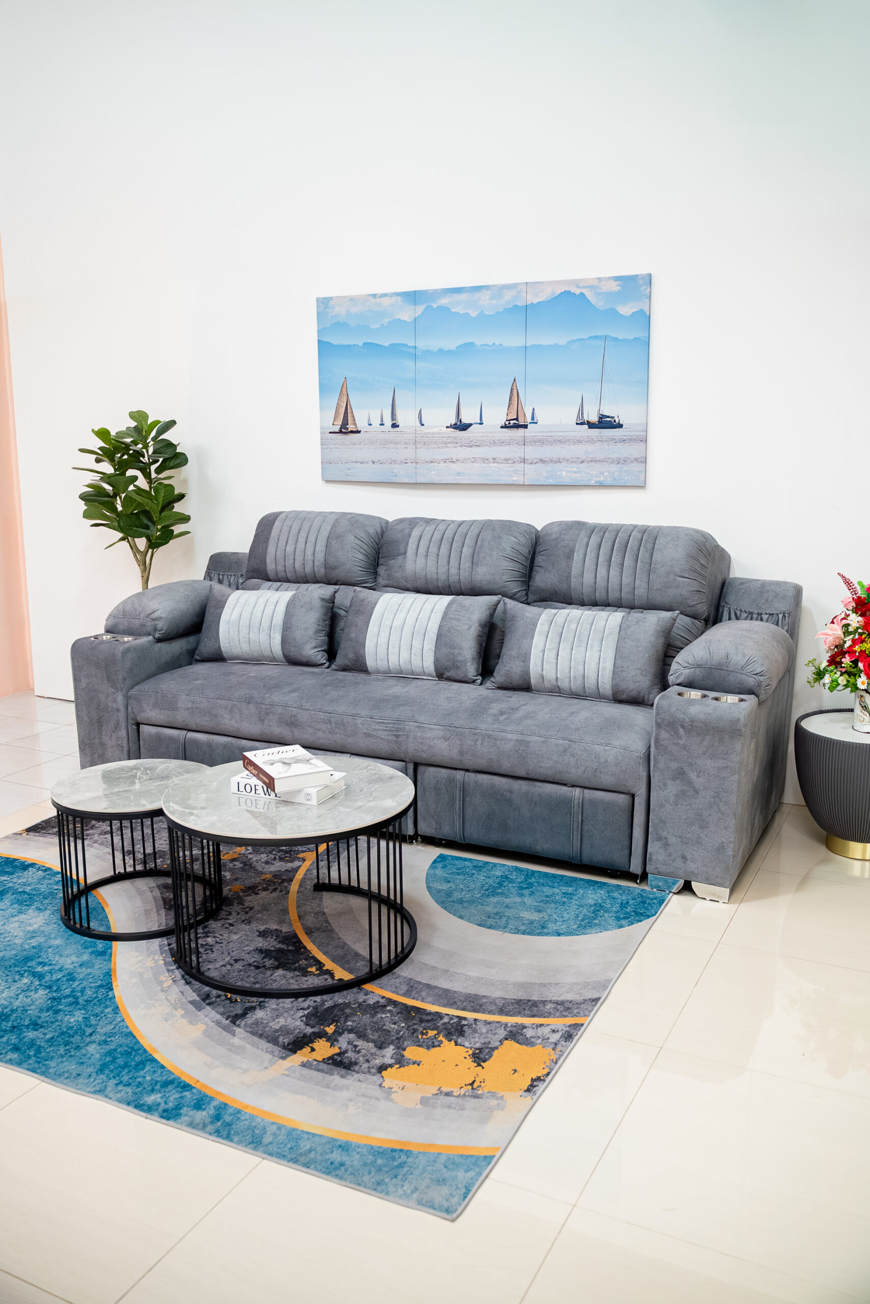 โซฟาเบดหนังกลับ L-Shape สีเทา ดีไซน์ Luxury Function ครบครัน