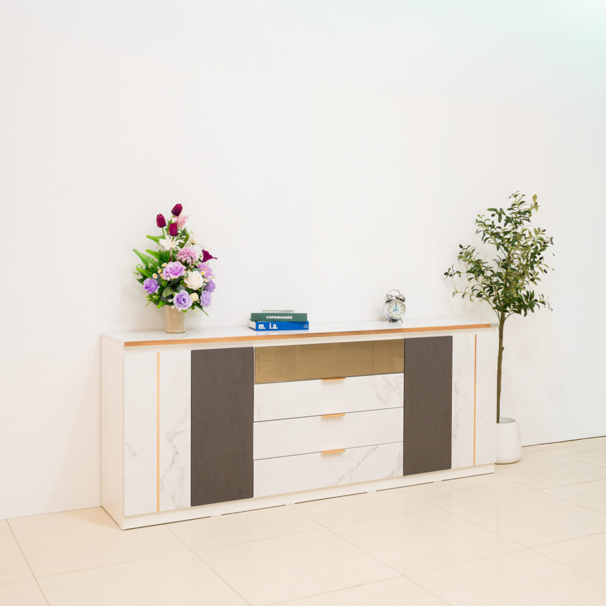 ไซด์บอร์ดลายหินอ่อนดีไซน์ Modern Luxury ตัดขอบ Pink Gold