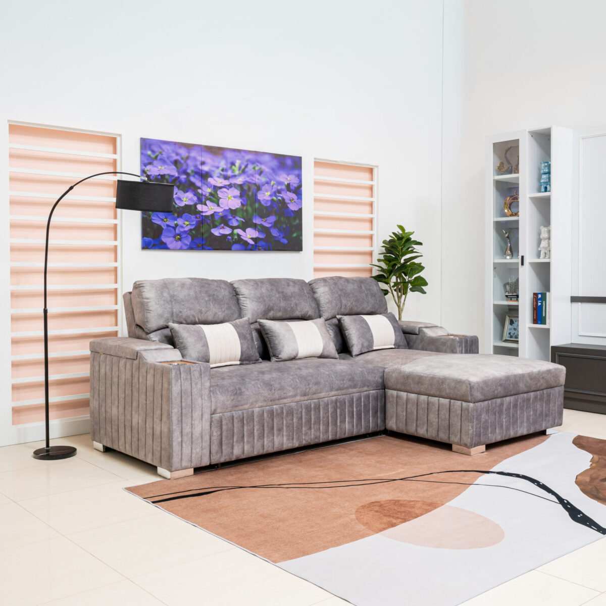 โซฟาเบดเข้ามุม L-Shape ฟังก์ชันครบพร้อมช่องวางแก้ว