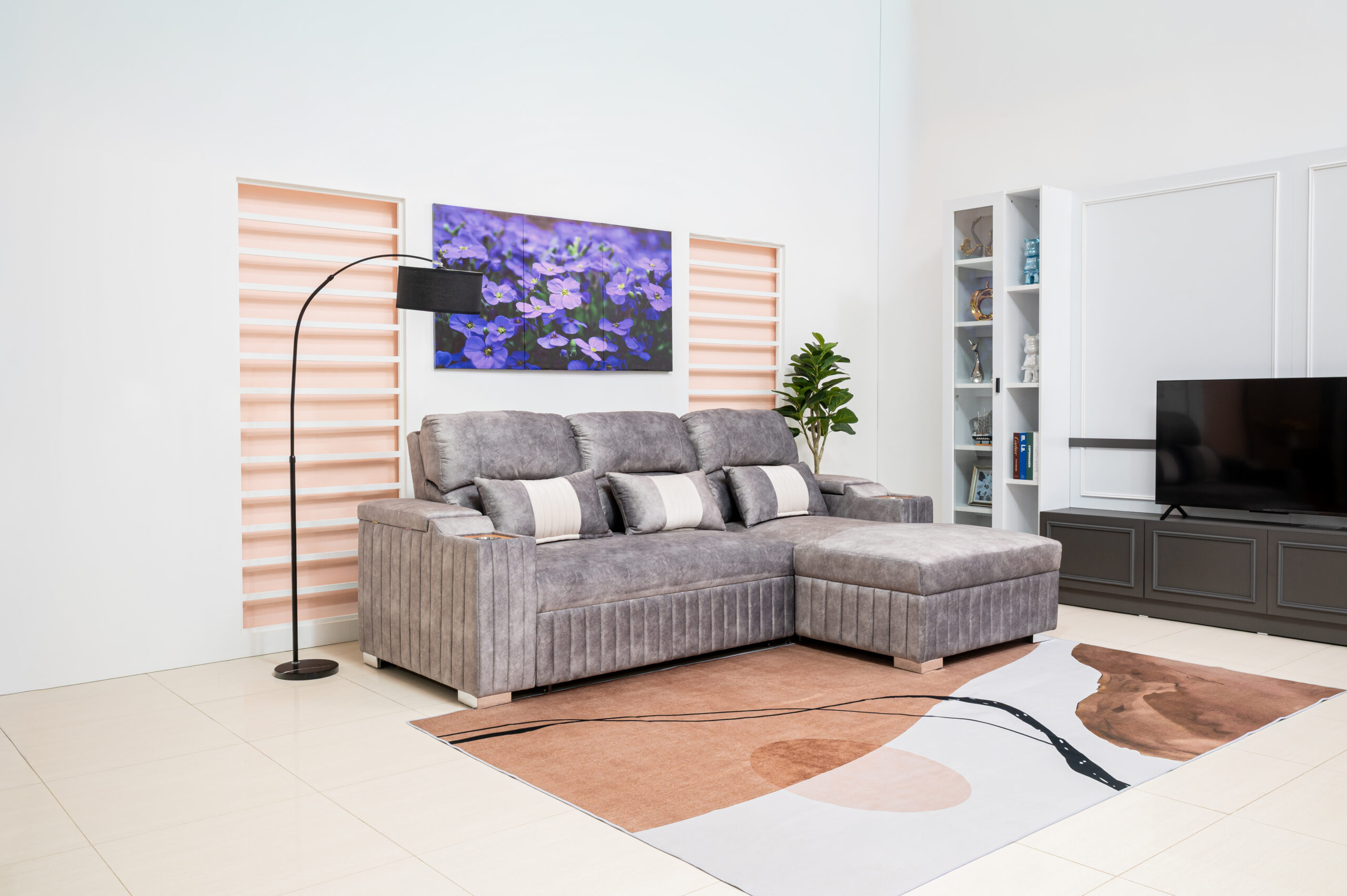 โซฟาเบดเข้ามุม L-Shape ฟังก์ชันครบพร้อมช่องวางแก้ว