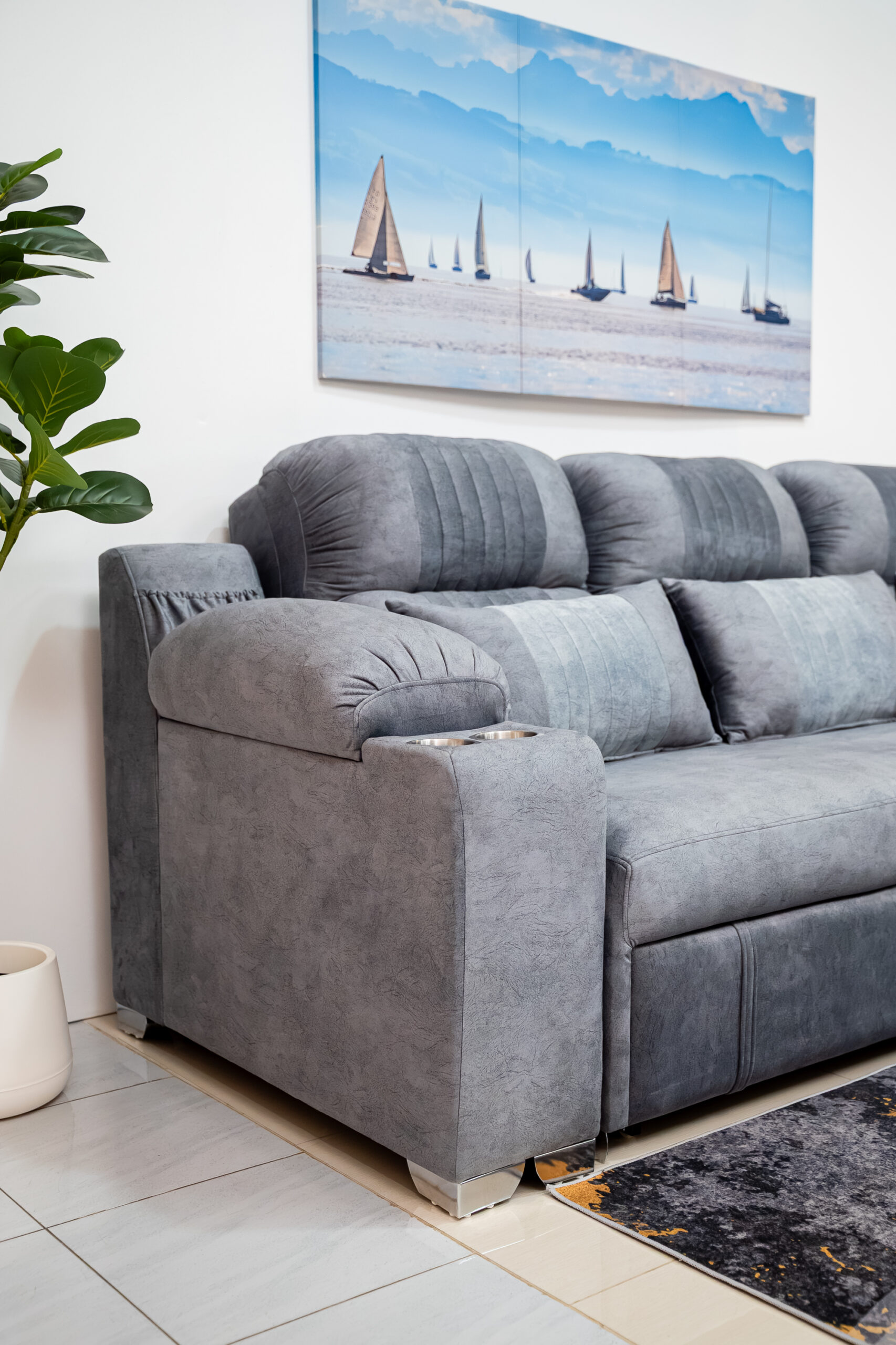 โซฟาเบดหนังกลับ L-Shape สีเทา ดีไซน์ Luxury Function ครบครัน - Image 9