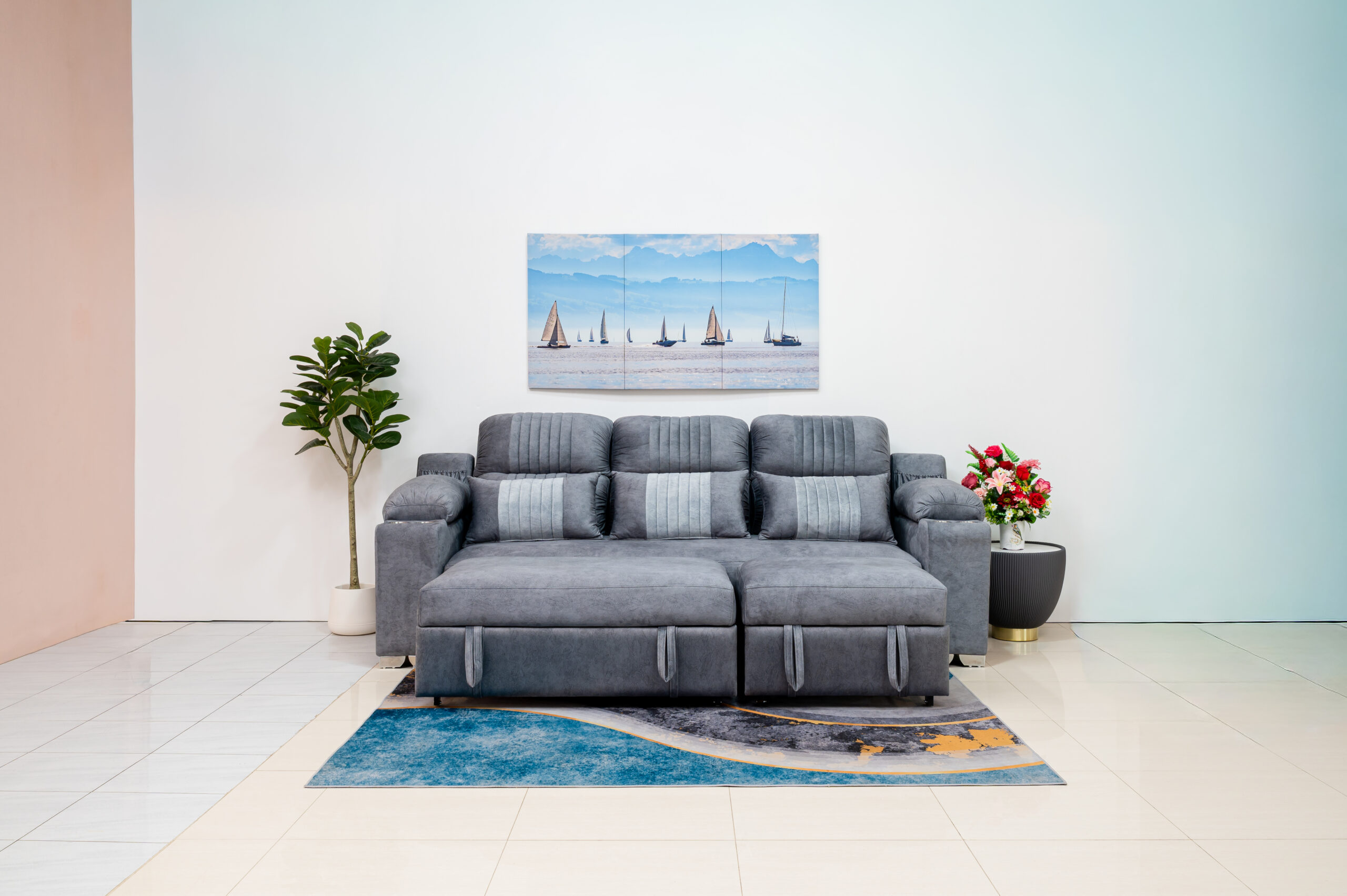 โซฟาเบดหนังกลับ L-Shape สีเทา ดีไซน์ Luxury Function ครบครัน - Image 10