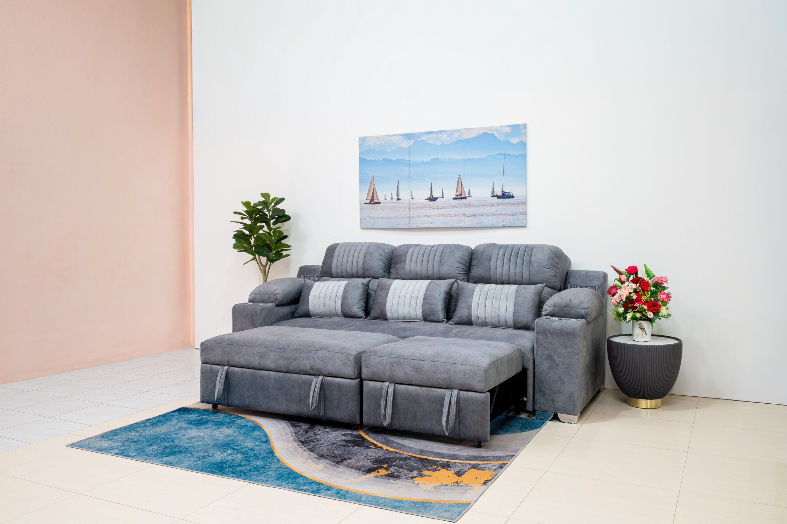 โซฟาเบดหนังกลับ L-Shape สีเทา ดีไซน์ Luxury Function ครบครัน - Image 11