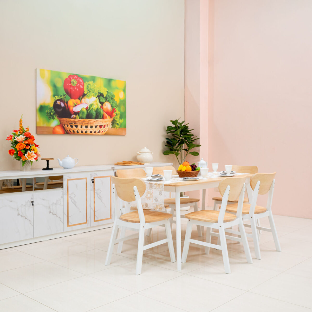 ชุดโต๊ะรับประทานอาหาร 6 ที่นั่ง สไตล์ Scandinavian Two-Tone แมตช์คู่ไซด์บอร์ดหรู