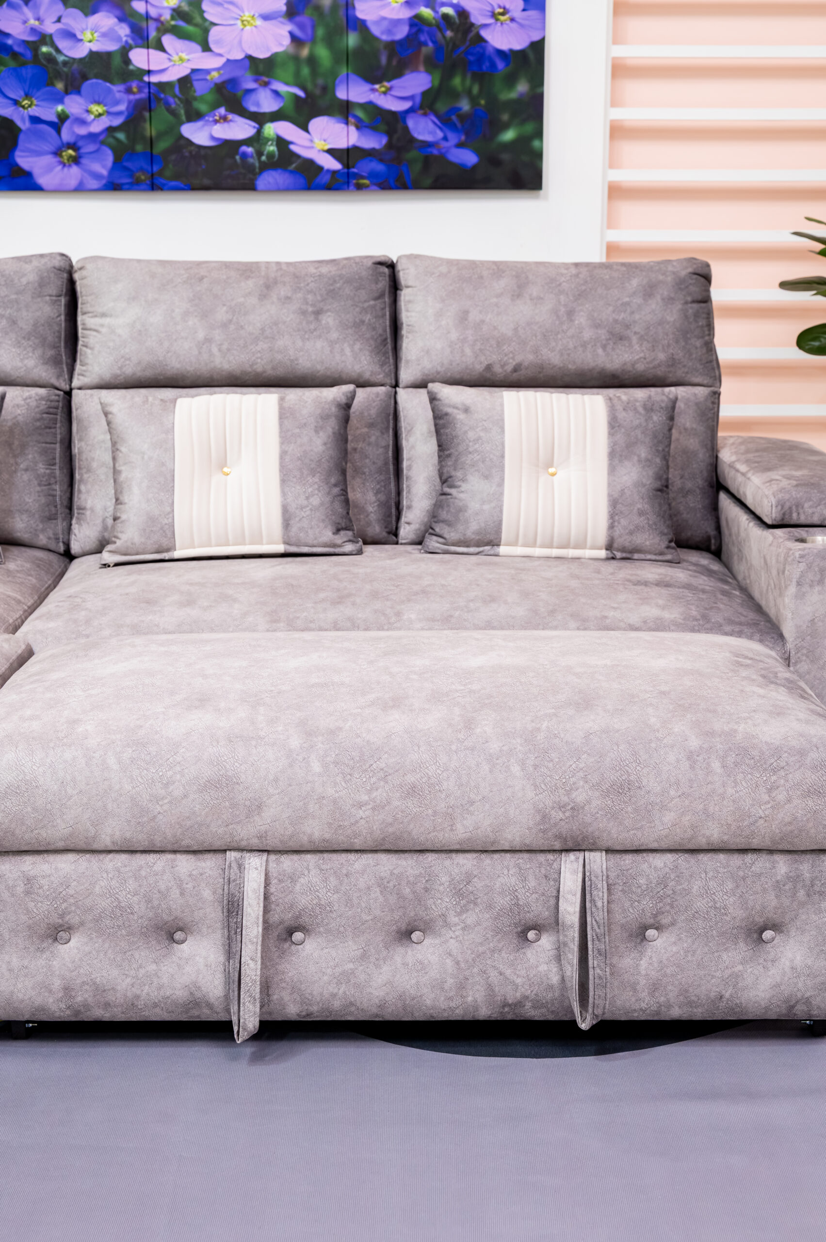 โซฟาเบด L-Shape สีเทาพรีเมียม พร้อมฟังก์ชันปรับนอนและช่องวางแก้ว - Image 12