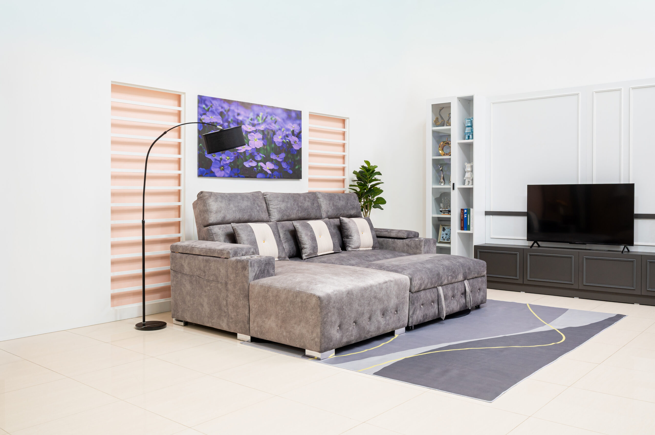 โซฟาเบด L-Shape สีเทาพรีเมียม พร้อมฟังก์ชันปรับนอนและช่องวางแก้ว - Image 14