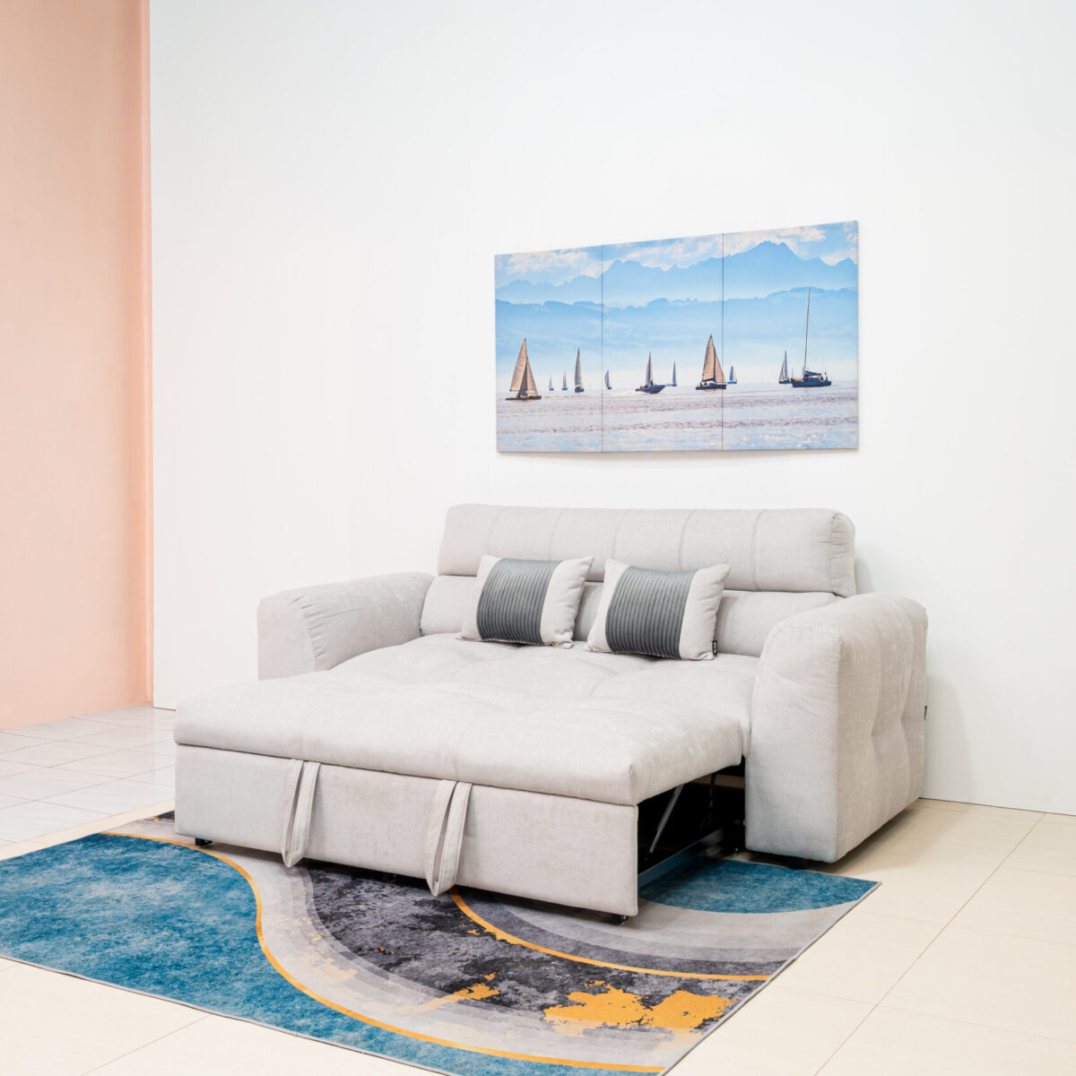 โซฟาเบด 2 ที่นั่งสีเทาอ่อนสไตล์มินิมอล ฟังก์ชันปรับนอนประหยัดพื้นที่