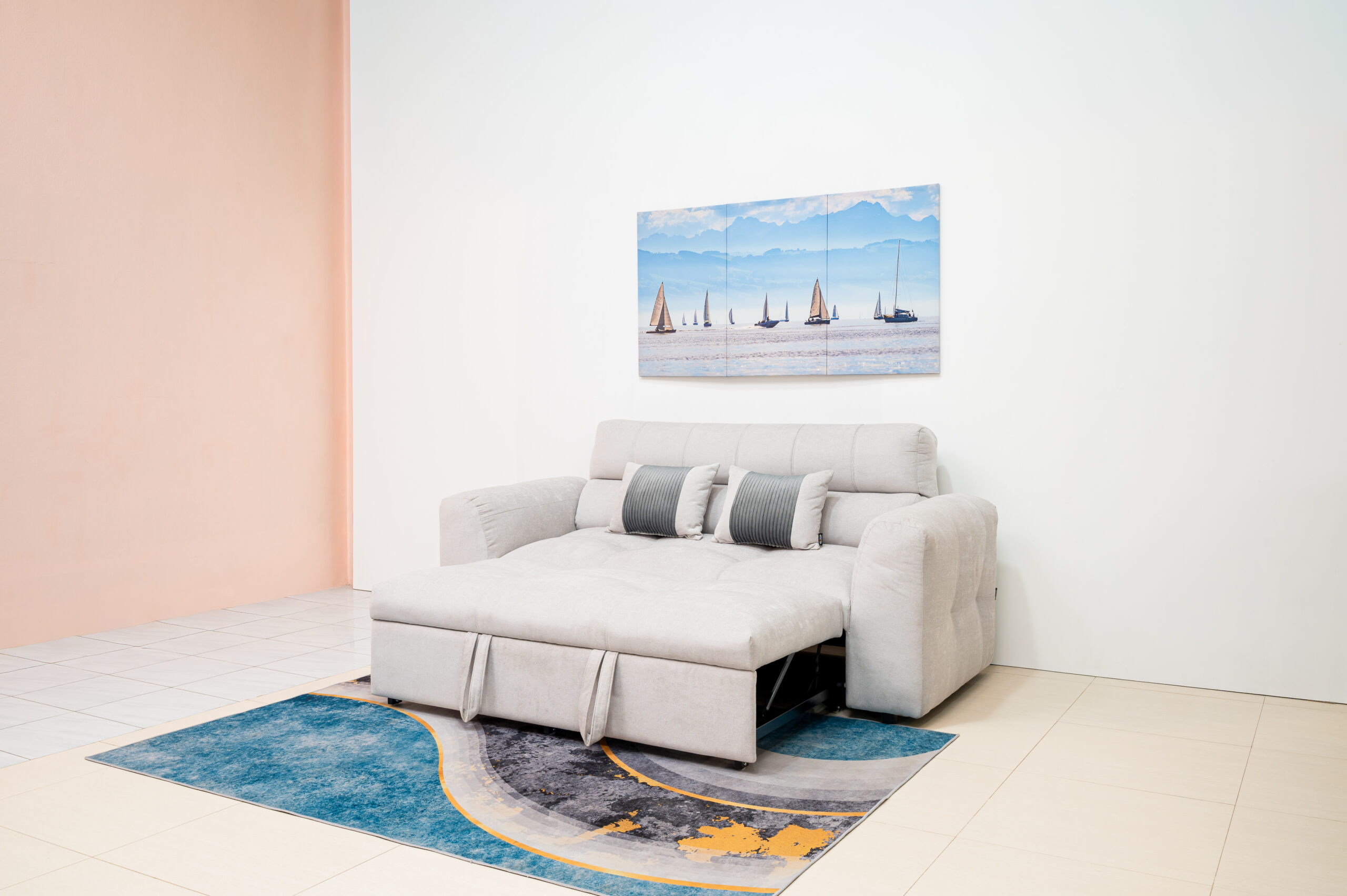 โซฟาเบด 2 ที่นั่งสีเทาอ่อนสไตล์มินิมอล ฟังก์ชันปรับนอนประหยัดพื้นที่