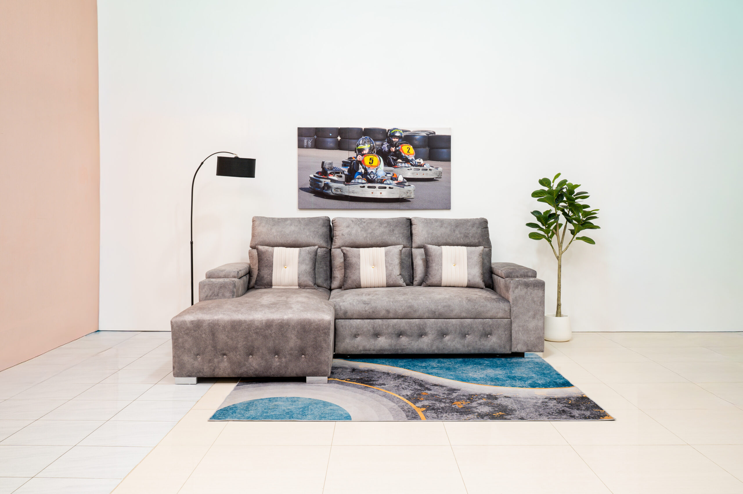 โซฟาเบด L-Shape สีเทาฟังก์ชันครบ พร้อมช่องวางแก้วและที่เก็บของ - Image 2