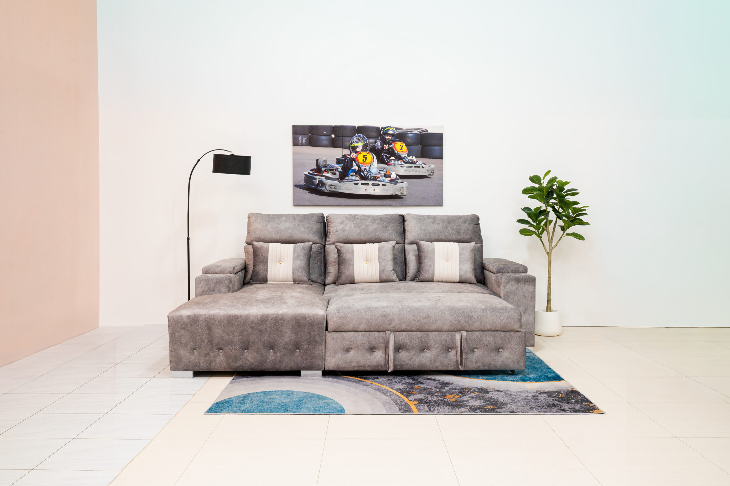 โซฟาเบด L-Shape สีเทาฟังก์ชันครบ พร้อมช่องวางแก้วและที่เก็บของ - Image 3